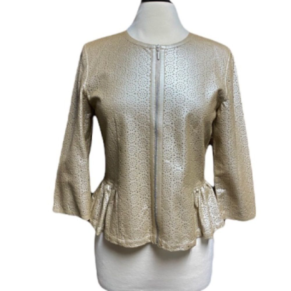 Gold Faux Leather Cutout Quarter Sleeve Full-Zip Jacket